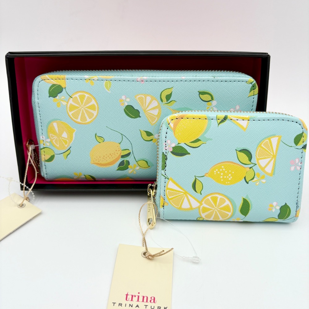 Trina‎ Turk Lemon Print Wallet Set, Zip Around, Card Holder, Gift Box